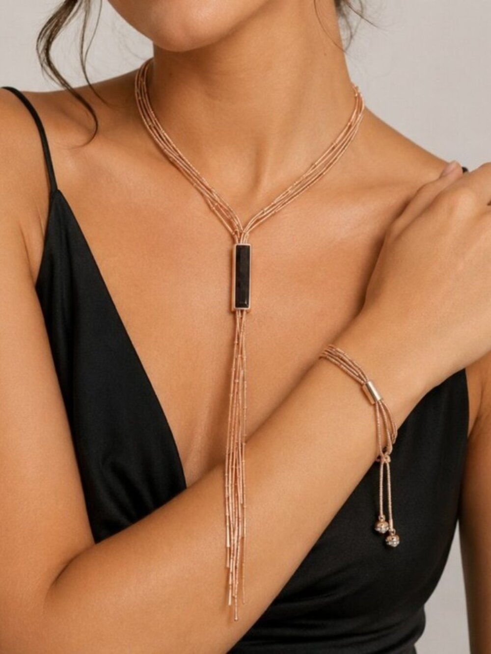 WHBM White House Black Market Rose Gold Layered Y Necklace Tassel Bracelet Set